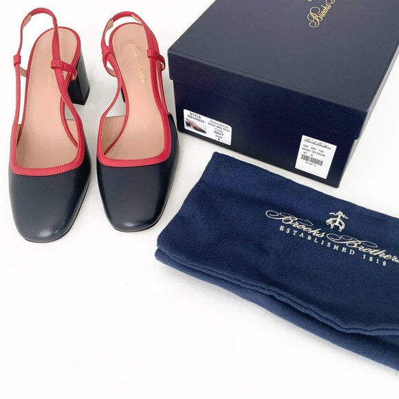 BROOKS BROTHERS Navy Blue & Orange Leather Slingback Block Heel Shoes – Size 8 - Picture 6 of 7